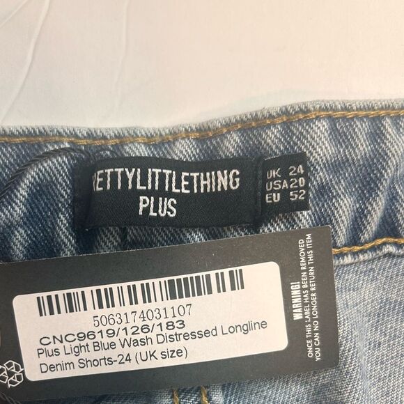 PrettyLittleThing Plus Light Blue Wash Distressed Longline Denim Shorts Size 20 - Picture 3 of 16